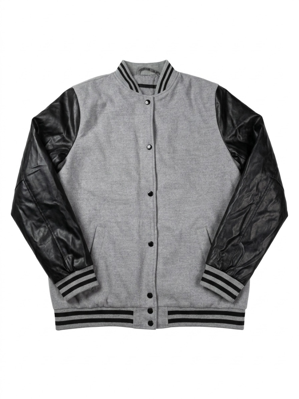 Forever 21 Varsity Letterman Jacket Men's Medium Grey Faux Leather Sleeves